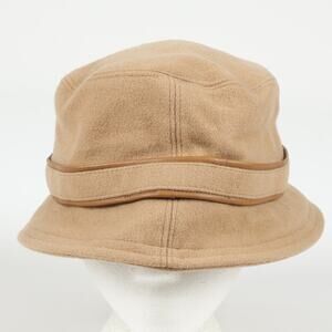 Coach Womens M/L Wool Blend Bucket Hat Beige Tan Brown Leather Trim